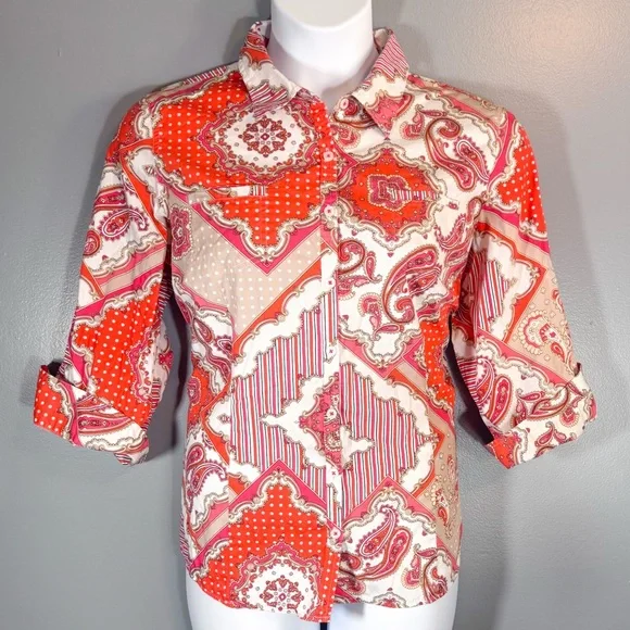 Van Heusen Patchwork Paisley Button Front Shirt XL Red Pink Cotton - Picture 7 of 14